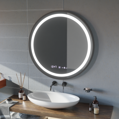 Oglinda LED Rotunda, 100cm, Celeste Majeste Noir MotionGlow Marcello, Sistem Dezaburire, Ceas & Termometru, Dimabila ModernLight Concept