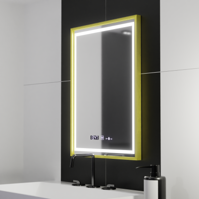 Oglinda LED Rectangulara, 50x70cm, Verite Royale Gold Motion Glow Marcello, Sistem Dezaburire, Ceas & Termometru, Dimabila ModernLight Concept