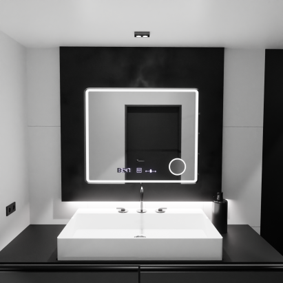 Oglinda LED Rectangulara, 90x75cm, Riflesso MotionGlow Marcello, Sistem Dezaburire, Ceas & Termometru, Lupa Cosmetica, Dimabila ModernLight Concept