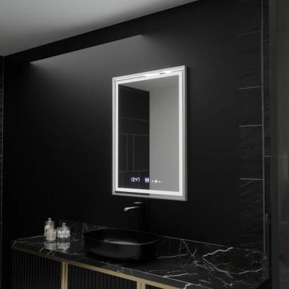 Oglinda LED Rectangulara, 60x80cm, Verite Imperial Silver Motion Glow Marcello, Sistem Dezaburire, Ceas & Termometru, Dimabila ModernLight Concept
