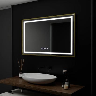 Oglinda LED Rectangulara, 100x80cm, Verite Royale Gold Motion Glow Marcello, Sistem Dezaburire, Ceas & Termometru, Dimabila ModernLight Concept