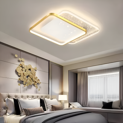 Lustra LED cu telecomanda GILDRA 110W, 2 Patrate, lumina Rece/Calda/Neutra, Dimabila, Auriu ModernLight Concept