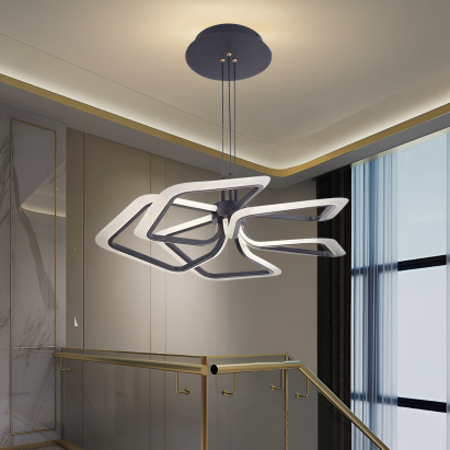 Lustra LED suspendata cu Telecomanda LT335/5BK 105W, 5 Patrate, lumina Rece/Calda/Neutra, Dimabila, Negru ModernLight Concept