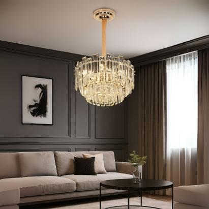 Candelabru Cristal FONTAINEBLEAU Eleganza, 9x E14, Diametru 45cm, Auriu, Inaltime Reglabila ModernLight Concept