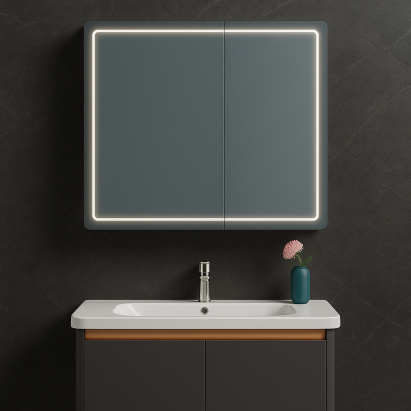 Oglinda LED cu Dulap de Baie si Lavoar Suspendat, 80x60 cm, Design Modern, Iluminare Integrata ModernLight Concept