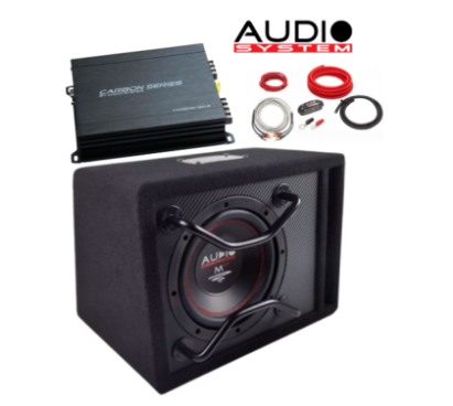 Pachet subwoofer pasiv, Audio System, M 08 EVO BR, bass reflex, difuzor 8", 20 cm, 200 W RMS in 4 ohm si amplificator 2 canale, Audio System, CARBON-130.2, 260 W RMS Bridge in 4 ohm, cu kit de cabluri CarStore Technology