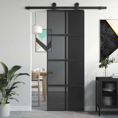 Ușă glisantă, negru, 76x205 cm, sticlă securizată și aluminiu GartenMobel Dekor