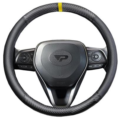 Husa volan Panda, fibra carbon, cu insertii piele ecologica perforata, negru cu detaliu galben, 38 cm Automobile ProTravel