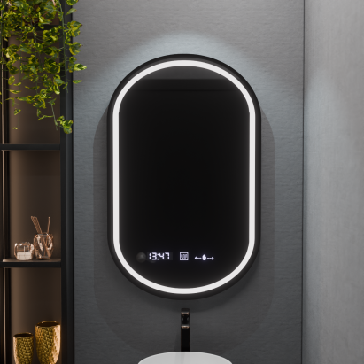 Oglinda LED Ovala, 50x90cm, Alessia MotionGlow Marcello, Sistem Dezaburire, Ceas & Termometru, Dimabila ModernLight Concept
