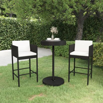 Set mobilier bar de grădină cu perne, 3 piese, negru, poliratan GartenMobel Dekor