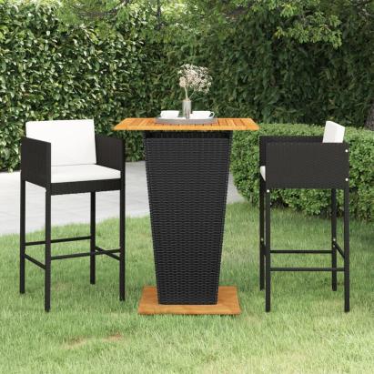 Set mobilier bar de grădină cu perne, 3 piese, negru, poliratan GartenMobel Dekor