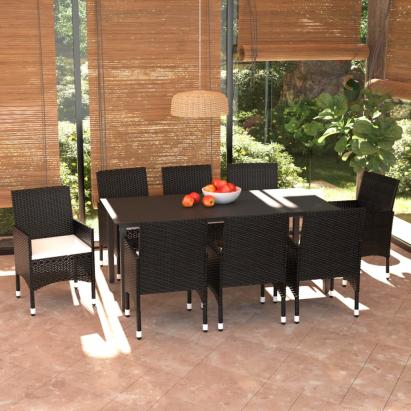 Set mobilier de grădină cu perne, 9 piese, negru, poliratan GartenMobel Dekor