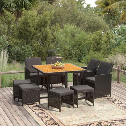 Set mobilier de grădină cu perne, 9 piese, negru, poliratan GartenMobel Dekor