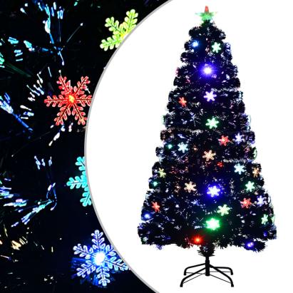 Brad Crăciun cu LED fulgi de zăpadă, negru 120 cm fibră optică GartenMobel Dekor