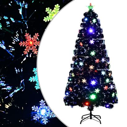 Brad Crăciun cu LED fulgi de zăpadă, negru 150 cm fibră optică GartenMobel Dekor