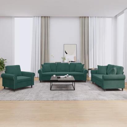 Set canapea cu perne, 3 piese, verde închis, catifea GartenMobel Dekor