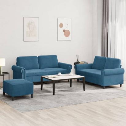 Set de canapele cu perne, 3 piese, albastru, catifea GartenMobel Dekor