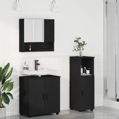 Set de mobilier pentru baie cu ușă 3 pcs Negru 61 x 35 x 64 cm GartenMobel Dekor