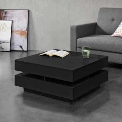 Masuta de Cafea pentru Living cu 4 Spatii Depozitare, PAL Negru Lucios, 75x75x35 cm