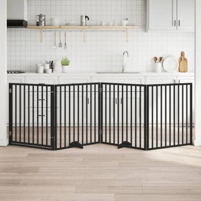 Poartă câini pliabilă cu ușă 4 panouri negru, 320 cm, lemn plop GartenMobel Dekor