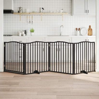 Poartă câini pliabilă cu ușă 4 panouri negru, 320 cm, lemn plop GartenMobel Dekor