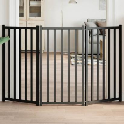 Poartă pentru câini pliabilă 3 panouri negru, 150 cm, lemn brad GartenMobel Dekor