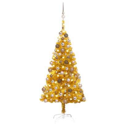 Brad Crăciun pre-iluminat cu set globuri, auriu, 150 cm, PET GartenMobel Dekor