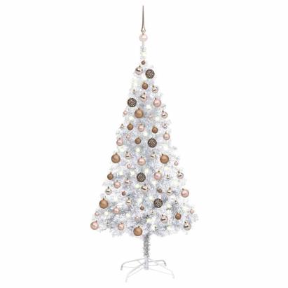 Brad Crăciun pre-iluminat cu set globuri, argintiu, 120 cm, PET GartenMobel Dekor