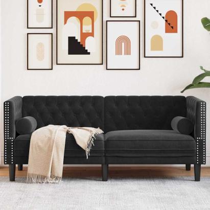 Canapea Chesterfield Argyle Negru 174 x 74.5 x 70.5 cm Catifea GartenMobel Dekor