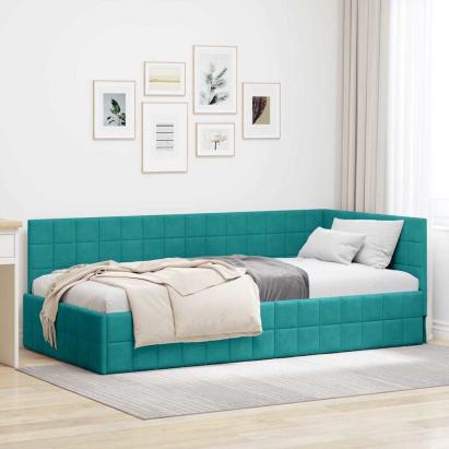 Cadru de pat colțar cu headboard Turcoaz 90 x 190 cm Catifea GartenMobel Dekor