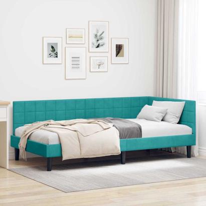 Cadru de pat colțar cu headboard Turcoaz 90 x 190 cm Catifea GartenMobel Dekor