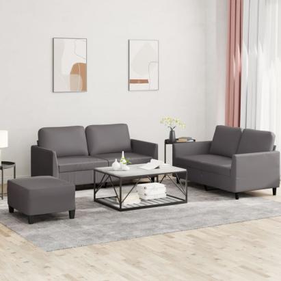 Set de canapele cu perne, 3 piese, gri, piele ecologică GartenMobel Dekor