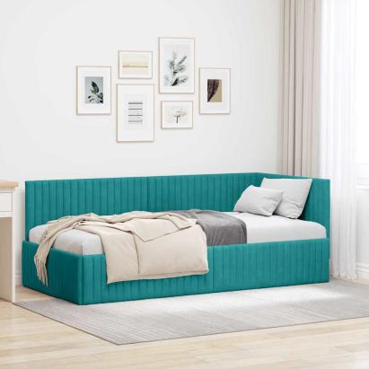Cadru de pat colțar cu headboard Turcoaz 90 x 200 cm Catifea GartenMobel Dekor