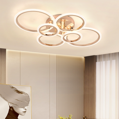 Lustra LED cu telecomanda BETTY 82W, 6 Cercuri, lumina Rece/Calda/Neutra, Dimabila, Auriu Lucios ModernLight Concept