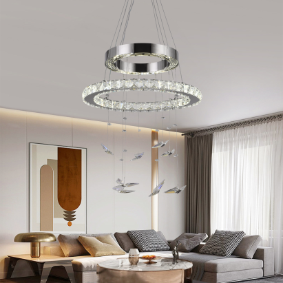 Lustra LED suspendata cu telecomanda si cristal 39W, 2 Cercuri, lumina Rece/Calda/Neutra, Dimabila, Crom Lucios, Inaltime Reglabila ModernLight Concept