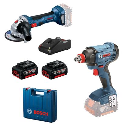 Bosch GDX180-LI Masina de gaurit cu percutie + GWS180-LI Polizor unghiular + 2xacumulatori 4Ah, GBA 18V + incarcator GAL18V-40 + cutie de transport ProAdvanced PowerfulTools