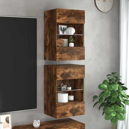 Comode de perete cu lumini LED pentru TV, 2 buc. stejar fumuriu, 40x30x60,5cm GartenMobel Dekor