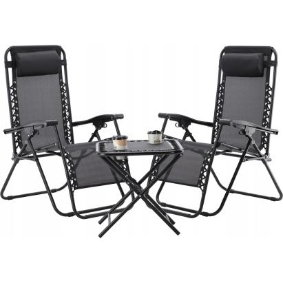 Set 2 sezlonguri pliabile 90x65x110 cm cu masuta 50x50x50 cm, textilene si cadru metalic, negru Household NewTrend