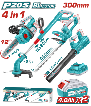 TOTAL - KIT COMBO 20V -4.0Ah - DRUJBA. TRIMMER PENTRU GARD VIU, SUFLANTA, TRIMMER DE TUNS IARBA (INC PowerTool TopQuality