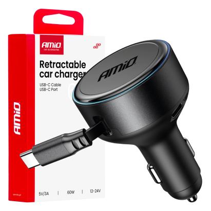 Incarcator auto la priza bricheta, cablu USB-C retractabil + port USB-C, 12/24V, 60W, Incarcare rapida; AMIO AutoDrive ProParts