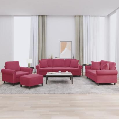 Set canapele cu perne, 4 piese, roșu vin, catifea GartenMobel Dekor