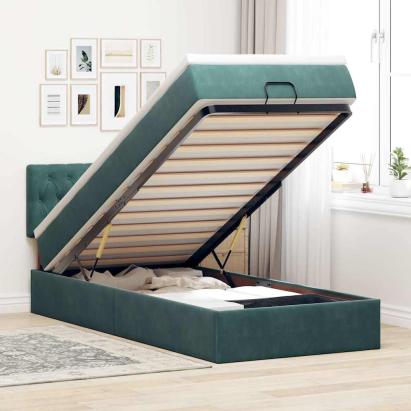 Cadru de pat otoman cu saltea verde închis 90x190cm catifea GartenMobel Dekor