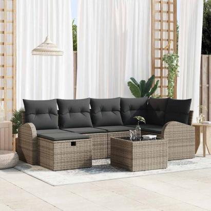 Set de canapele pentru grădină cu pernă 7 pcs Gri Rattan poli GartenMobel Dekor