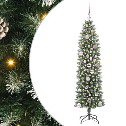 Copac Artificial Slăb de Crăciun cu 150 LED Verde și alb 150 cm GartenMobel Dekor