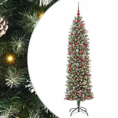 Copac Artificial Slăb de Crăciun cu 300 LED Verde și alb 180 cm GartenMobel Dekor
