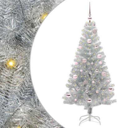 Brad de Crăciun cu 150 LED cu suport Argintiu 150 cm PET GartenMobel Dekor