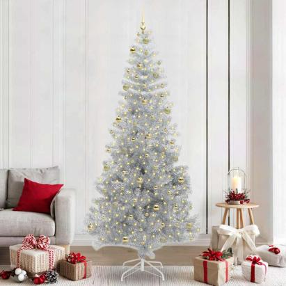 Brad de Crăciun cu 300 LED cu suport Argintiu 240 cm PET GartenMobel Dekor