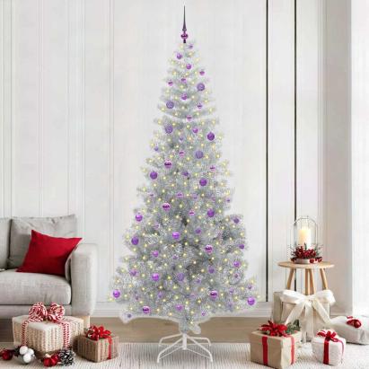 Brad de Crăciun cu 300 LED cu suport Argintiu 240 cm PET GartenMobel Dekor