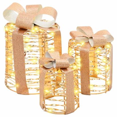 Decorațiune Cutie Cadou 3 pcs Alb cald 12 cm 15 cm 20 cm PET GartenMobel Dekor