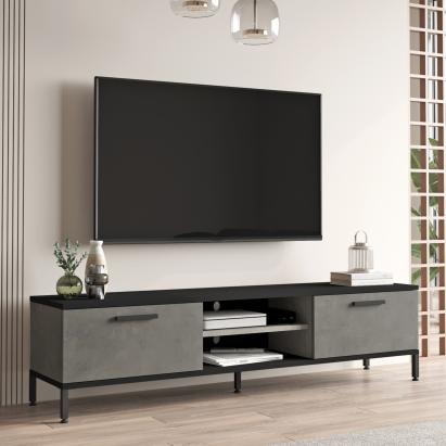 Comoda TV Lempaala 39x160x35cm cu 2 rafturi efect beton/negru [en.casa] HausGarden Leisure